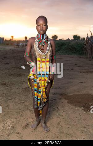 Portrait de la femme Hamer au lever du soleil: Femme Hamer dans un champ où le bétail de la tribu se trèze. Étant principalement pasteurs, le Hamer, ou Hamar groupe pr Banque D'Images