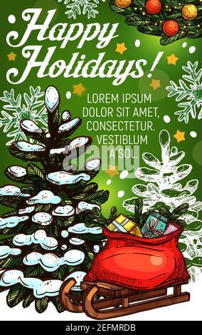 Carte de vœux des fêtes d'hiver. Sapin de Noël avec étoile et neige, Santa traîneau avec sac-cadeau plein de la bannière de croquis de boîte actuelle, décorée par flocon de neige Illustration de Vecteur