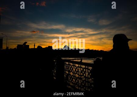 Silhouette de pêcheurs sur le pont de Galata et la mosquée Suleymaniye en arrière-plan. Photo de fond d'Istanbul. Culture turque. Banque D'Images