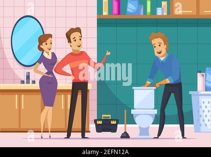 Composition plate avec plombier pour la réparation des toilettes et famille de clients heureux illustration vectorielle de dessin animé intérieure Illustration de Vecteur