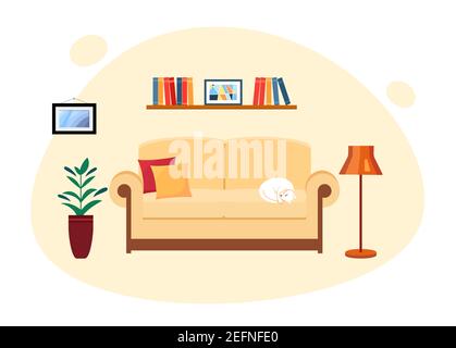 salon beige avec un canapé sur lequel le chat dort, une lampe et une étagère. Concept de maison confortable. Illustration vectorielle de style plat. Illustration de Vecteur