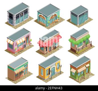 Collection isométrique de café de neuf maisons de café urbaines isolées de style classique à moderne avec illustration vectorielle des ombres Illustration de Vecteur