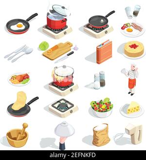 Icônes de cuisson ensemble isométrique de seize images isolées de nourriture plats épice ustensiles de cuisine et cuisinier personnage illustration vectorielle Illustration de Vecteur