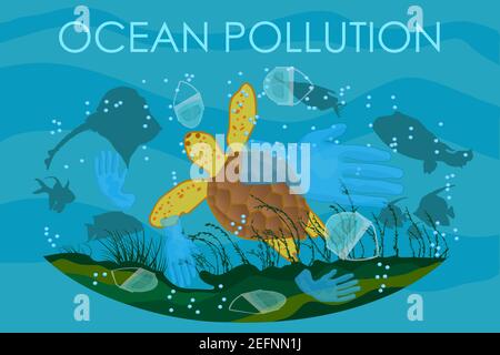 Nage des tortues parmi les ordures.Arrêtez la pollution plastique de la mer.impact de la pollution de l'océan sur Écosystème et animaux sauvages.affiche de concept de problème environnemental Illustration de Vecteur