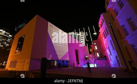 17 février 2021, Hessen, Francfort-sur-le-main : une installation légère sera projetée sur la façade du Musée juif et sur la sculpture arborée sur la piste. Le Musée juif de Francfort présentera une installation interactive de lumière et de son sur sa piste à partir du 18 février. Les projections peuvent être vues quotidiennement entre 7 et 10 heures autour de la sculpture créée spécialement pour la place, intitulée 'United', qui se compose de deux arbres en fonte d'aluminium, dont l'un atteint dans le ciel avec ses racines. Photo: Arne Dedert/dpa Banque D'Images