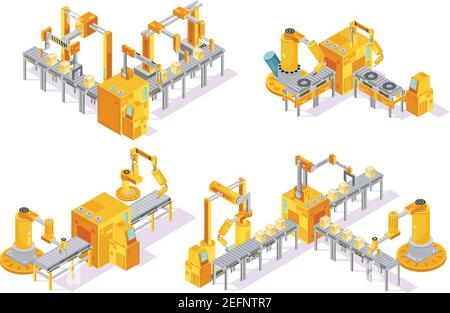 Système convoyeur avec commande par ordinateur concept de conception isométrique incluant la production illustration vectorielle isolée de la ligne et de l'emballage Illustration de Vecteur