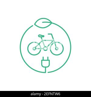 Icône de ligne de logo de vélo électrique. E panneau de vélos. Vélo alimenté par batterie dans le cercle avec une fiche et une feuille. Transport écologique.Vector Illustration de Vecteur