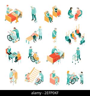 Ensemble isométrique de personnes âgées dans différentes situations et médicales illustration vectorielle isolée du personnel de la maison de soins infirmiers Illustration de Vecteur