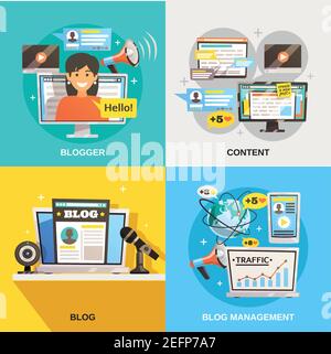 Blogger concept carré compositions ensemble avec des images plates de l'information illustration vectorielle des icônes d'activité de contenu et de médias sociaux Illustration de Vecteur