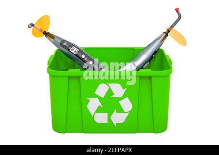 Poubelle de recyclage avec lumière de durcissement dentaire, rendu 3D isolé sur fond blanc Banque D'Images