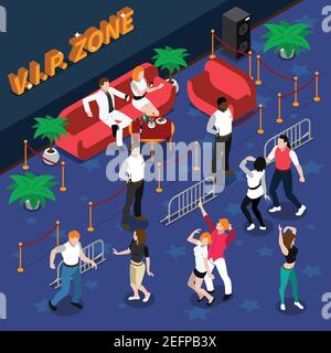 Célébrités sur un canapé rouge dans la zone vip avec des gardes à proximité piste de danse en boîte de nuit, illustration vectorielle isométrique Illustration de Vecteur