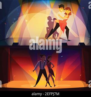 Salsa et tango sur scène 2 bannières de dessin animé rétro avec danse paires de spots nostalgiques poster illustration vectorielle isolée Illustration de Vecteur
