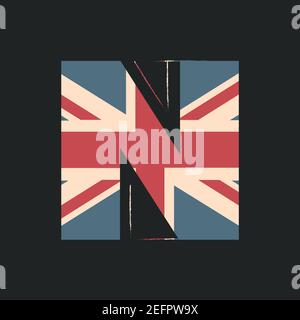 Lettre 3D majuscule N avec texture drapeau britannique isolée sur fond noir. Illustration vectorielle. Élément pour la conception. Alphabet pour enfants. Illustration de Vecteur