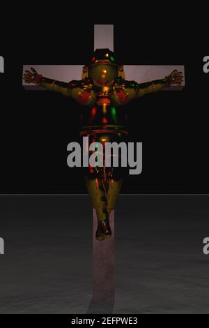 Astronaute crucifié isolé en costume doré. Rendu 3D. Banque D'Images