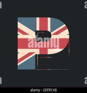 Lettre majuscule 3d P avec texture drapeau britannique isolée sur fond noir. Illustration vectorielle. Élément pour la conception. Alphabet pour enfants. Illustration de Vecteur