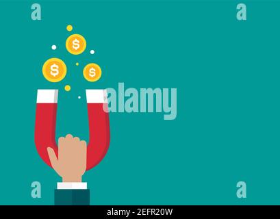 Main avec aimant en fer à cheval rouge et pièces de monnaie. Homme d'affaires attirant de l'argent, clients, succès d'investissement. Illustration vectorielle plate sur fond bleu Illustration de Vecteur