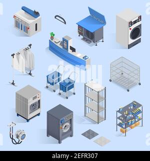 Service de nettoyage à sec et de blanchisserie ensemble isométrique avec icônes de lave-linge, produits nettoyants pour planche à repasser et chariots pour vêtements propres Illustration de Vecteur