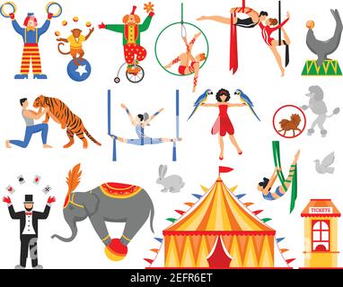Les artistes du cirque les acteurs présentent un air isolé et plat acrobates équilibres clowns animal tamer caractères illustration vectorielle Illustration de Vecteur
