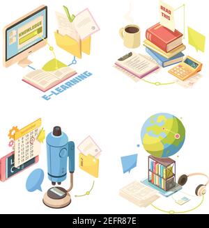 Concept de conception isométrique d'apprentissage en ligne avec des fichiers de connaissances, des programmes d'études, des manuels audio, de l'équipement éducatif illustration vectorielle isolée Illustration de Vecteur