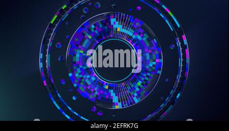 Arrière-plan futuriste de disque métallique foncé avec des cellules concentriques carrées bleues, rouges et violettes à l'intérieur d'une couleur changeante. Illustration 3D Banque D'Images