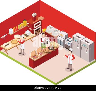 Pizzeria isométrique sur fond de couleur avec les employés travaillant dans la cuisine et préparer l'illustration vectorielle des commandes Illustration de Vecteur