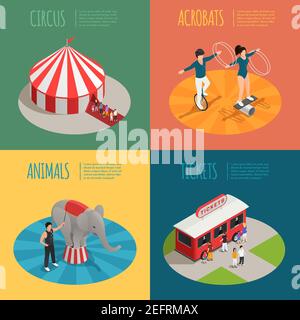 Concept de design Circus 2x2 avec bande-annonce de caisse de tente acrobates et illustration vectorielle isométrique à l'aide de compositions carrées pour l'entraînement de l'éléphant Illustration de Vecteur