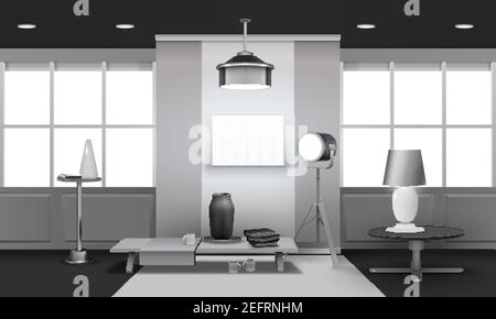 Design 3D réaliste d'intérieur loft dans des tons gris avec grandes fenêtres, projecteur, support et illustration vectorielle de table Illustration de Vecteur