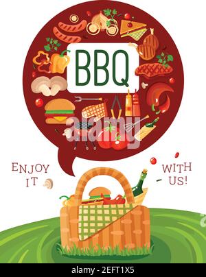 Affiche plate invitation pique-nique barbecue avec accessoires de barbecue icônes et illustration du panier sur une pelouse verte fraîche Illustration de Vecteur