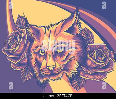 Illustration vectorielle du visage de lynx avec des roses. Illustration de Vecteur