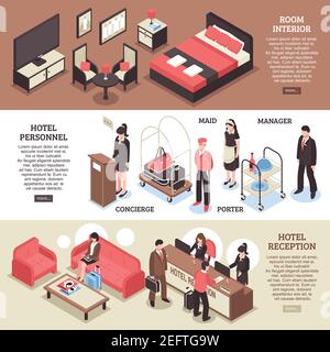 Trois bannières horizontales isométriques pour hôtel avec intérieur de la chambre illustration vectorielle des descriptions du personnel de l'hôtel et de la réception Illustration de Vecteur