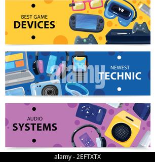 Collection de bannières horizontales geek nerd de personnages avec des images doodle de illustration vectorielle de divers appareils électroniques portables et gadgets Illustration de Vecteur