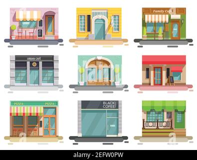 Collection Cafe Flat de neuf images isolées de style doodle avec vitrines et différents éléments de design intérieur illustration vectorielle Illustration de Vecteur