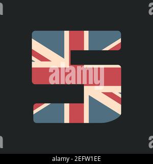Numéro cinq majuscule avec texture drapeau britannique isolée sur fond noir. Illustration vectorielle. Élément pour la conception. Alphabet pour enfants. Illustration de Vecteur