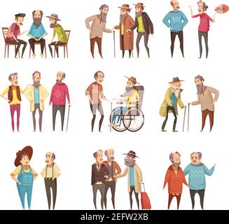 Senior hommes groupes socialisation activités rétro caricatures collection d'icônes avec illustration vectorielle de la canne et de la chaise de roue Illustration de Vecteur