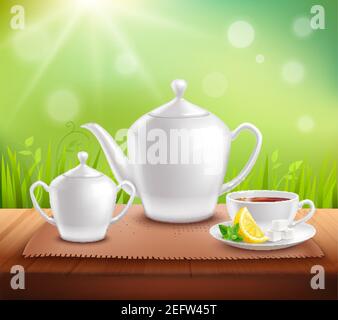 Éléments de composition de service de thé avec la théière et le bol à sucre illustration du vecteur de la cuvette sur table en bois Illustration de Vecteur