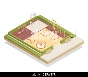 Maquette isométrique de terrain de jeu pour enfants avec carrousel et balançoires, anneau de basket-ball, bac à sable et cadres d'escalade, illustration vectorielle de bancs Illustration de Vecteur