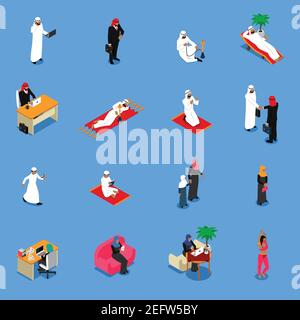 Personnes arabes dans les vêtements traditionnels pendant le travail et les loisirs isométriques défini sur une illustration vectorielle isolée sur fond bleu Illustration de Vecteur
