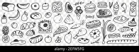 Ensemble d'aliments et d'ingrédients frais. Collection de pizzas dessinées à la main pain fruits légumes glace sandwich cupcakes desserts saucisse pour manger sainement isolé sur fond transparent Illustration de Vecteur