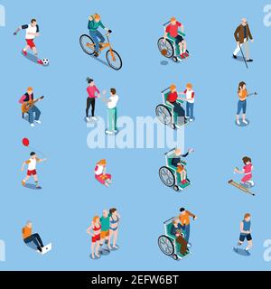 Personnes à mobilité réduite ensemble isométrique avec adultes et enfants dans différents activités incluant l'illustration vectorielle isolée de la musique sportive Illustration de Vecteur