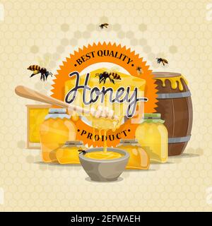 Conception de produits de qualité miel pour l'étiquette de miel ou l'affiche des abeilles et le fond en nid d'abeille. Des gouttes de miel plat Vector coulent sur une cuillère à soupe, des bocaux Illustration de Vecteur