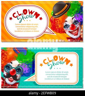 Spectacle de cirque 2 bannières publicitaires horizontales avec clowns tête dedans illustration vectorielle isolée d'invitation de perruque multicolore lumineuse Illustration de Vecteur