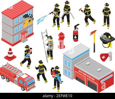 Icônes isométriques du service des incendies définies avec les pompiers engagés dans l'extinction de brûler la construction et de sauver des personnes illustration de vecteur Illustration de Vecteur