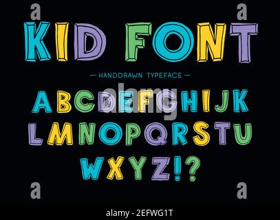 Police enfant. Police des enfants. Jeu de lettres multicolores pour les inscriptions. Illustration vectorielle d'un alphabet.police vectorielle dessinée à la main. Fait à la main Illustration de Vecteur