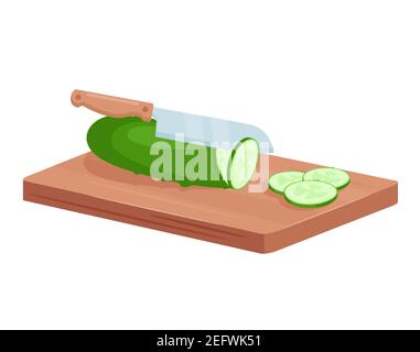 Couper le légume de concombre vert, couteau isométrique de cuisine trancher le concombre frais Illustration de Vecteur
