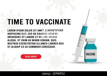 Le temps de vacciner la bannière. Seringue avec aiguille et comprimés médicinaux vaccin antigrippal pour le traitement du virus de la grippe, vecteur plat Illustration de Vecteur