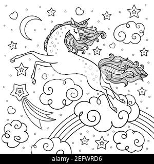 Une belle licorne parmi les étoiles, les nuages. Image linéaire noir et blanc. Vecteur Illustration de Vecteur