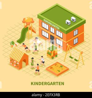 Bâtiment de jardin d'enfants composition isométrique avec groupe d'enfants occupé dans le sport et jeux mobiles sur illustration vectorielle de terrain de jeu Illustration de Vecteur