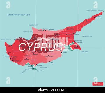 Chypre carte détaillée modifiable avec régions villes, routes et chemins de fer, sites géographiques. Fichier vectoriel EPS-10 Illustration de Vecteur