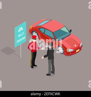 Composition de l'enseigne de voiturier avec image isométrique de voiture et homme illustration vectorielle des clés du valet Illustration de Vecteur