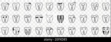 Ensemble de dentisté sain et malsain. Collection de dents saines positives et négatives dessinées à la main et blessées par des caries de cavité isolées sur fond transparent Illustration de Vecteur